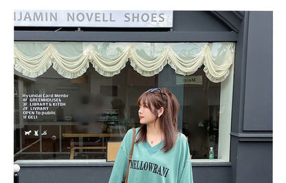 Plus Size Mock Two-Piece V-Neck Lettering Print Pullover