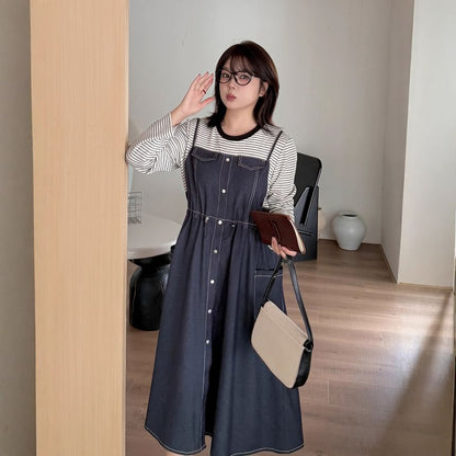 Plus Size Mock Two-Piece Long-Sleeve Crew Neck Striped Panel Denim Midi A-Line Dress