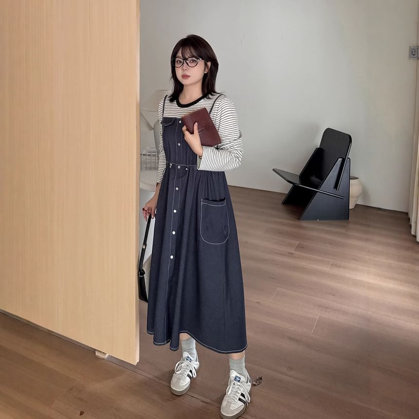 Plus Size Mock Two-Piece Long-Sleeve Crew Neck Striped Panel Denim Midi A-Line Dress