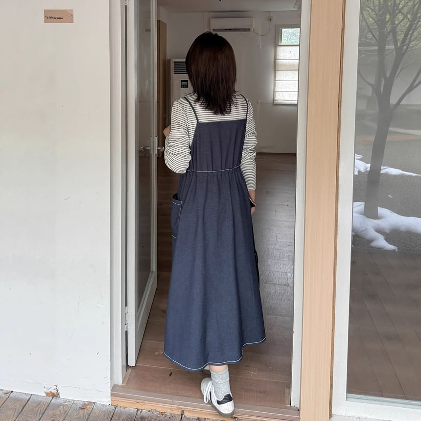 Plus Size Mock Two-Piece Long-Sleeve Crew Neck Striped Panel Denim Midi A-Line Dress