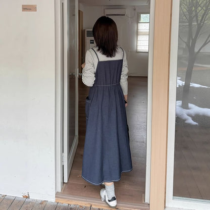 Plus Size Mock Two-Piece Long-Sleeve Crew Neck Striped Panel Denim Midi A-Line Dress