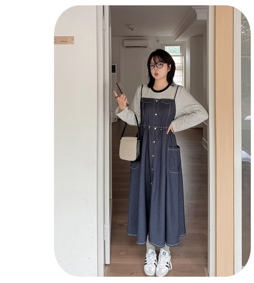 Plus Size Mock Two-Piece Long-Sleeve Crew Neck Striped Panel Denim Midi A-Line Dress