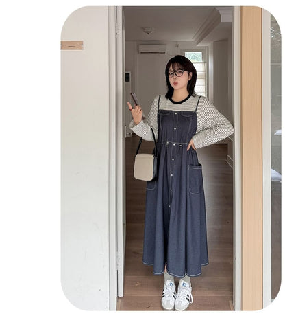 Plus Size Mock Two-Piece Long-Sleeve Crew Neck Striped Panel Denim Midi A-Line Dress