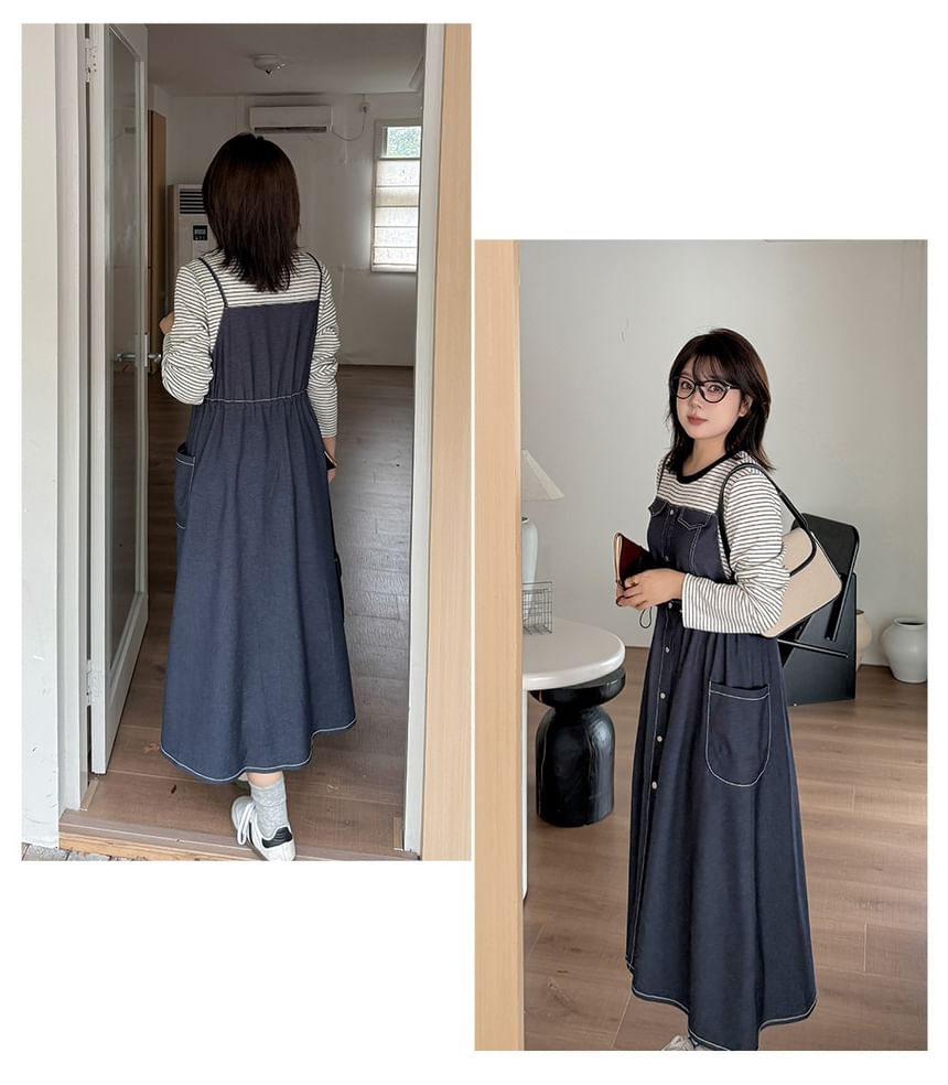 Plus Size Mock Two-Piece Long-Sleeve Crew Neck Striped Panel Denim Midi A-Line Dress