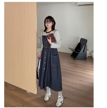 Plus Size Mock Two-Piece Long-Sleeve Crew Neck Striped Panel Denim Midi A-Line Dress