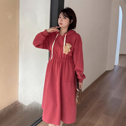 Plus Size Bear Accent Midi A-Line Hoodie Dress