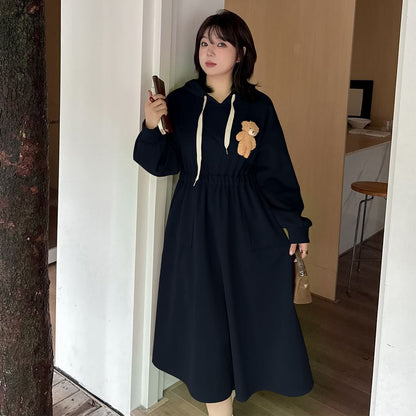 Plus Size Bear Accent Midi A-Line Hoodie Dress