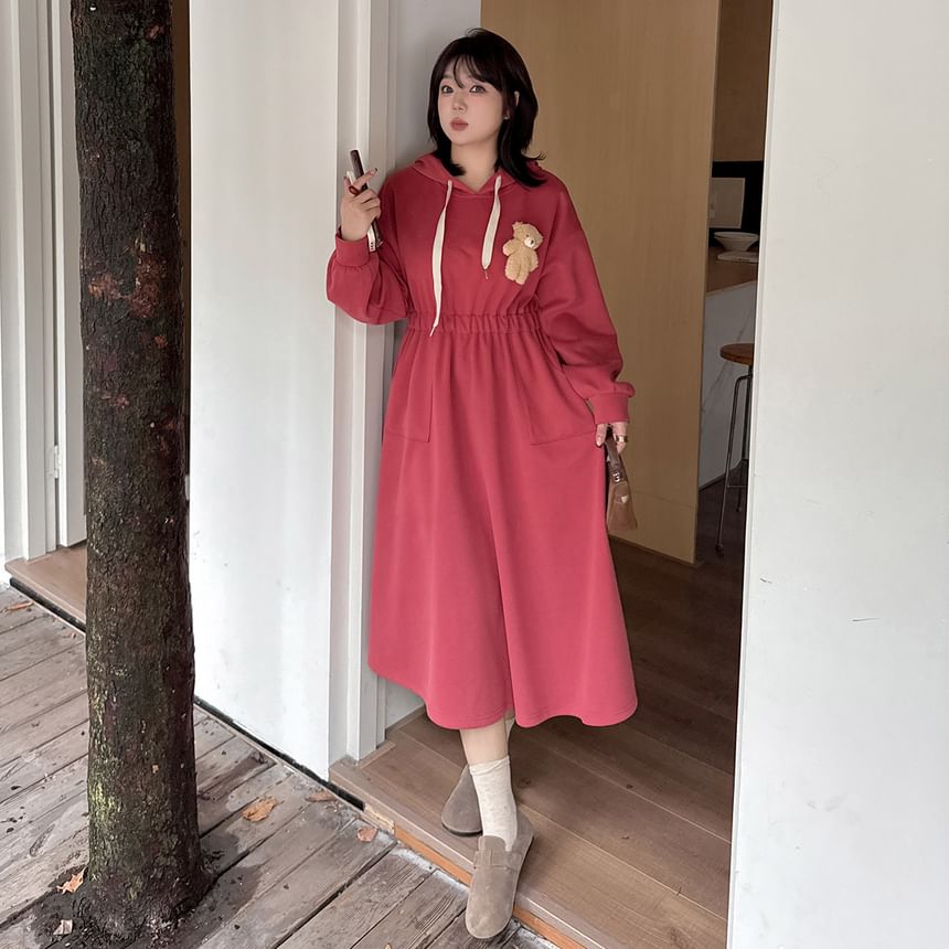 Plus Size Bear Accent Midi A-Line Hoodie Dress