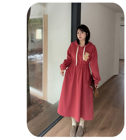 Plus Size Bear Accent Midi A-Line Hoodie Dress