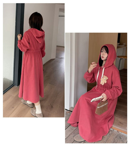 Plus Size Bear Accent Midi A-Line Hoodie Dress