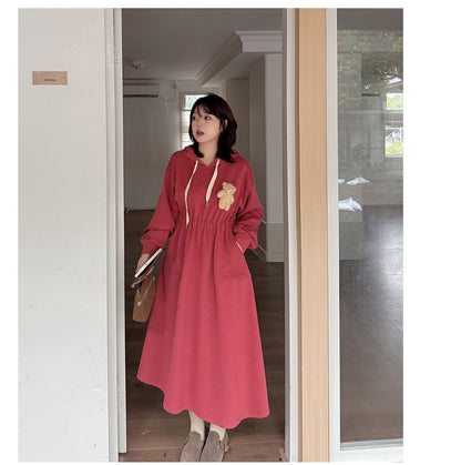Plus Size Bear Accent Midi A-Line Hoodie Dress