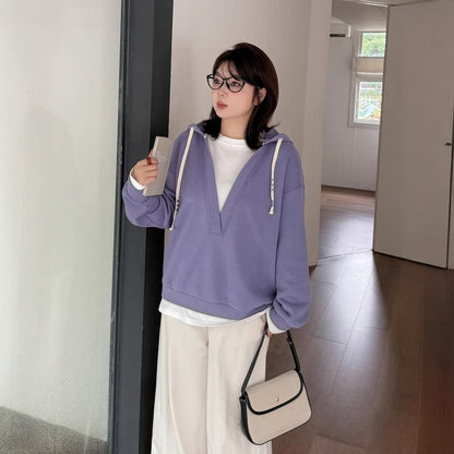 Plus Size Mock Two-Piece Two Tone Drawstring Hoodie