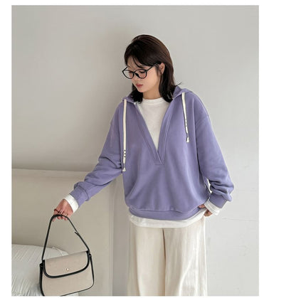 Plus Size Mock Two-Piece Two Tone Drawstring Hoodie