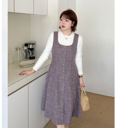 Plus Size Set: Long-Sleeve Crew Neck Plain Tee + Scoop Neck Button-Up Midi A-Line Dungaree Dress