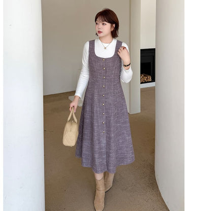 Plus Size Set: Long-Sleeve Crew Neck Plain Tee + Scoop Neck Button-Up Midi A-Line Dungaree Dress