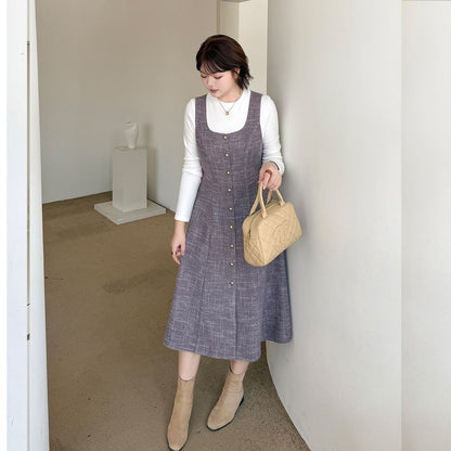 Plus Size Set: Long-Sleeve Crew Neck Plain Tee + Scoop Neck Button-Up Midi A-Line Dungaree Dress