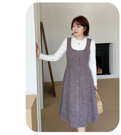 Plus Size Set: Long-Sleeve Crew Neck Plain Tee + Scoop Neck Button-Up Midi A-Line Dungaree Dress