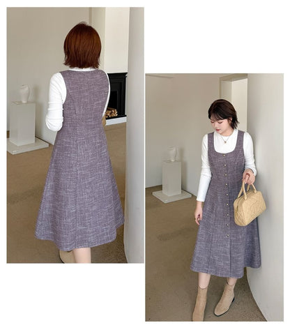 Plus Size Set: Long-Sleeve Crew Neck Plain Tee + Scoop Neck Button-Up Midi A-Line Dungaree Dress