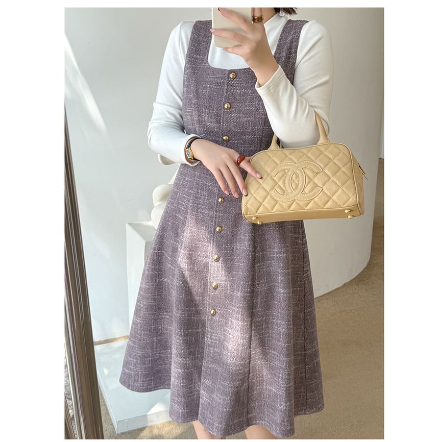 Plus Size Set: Long-Sleeve Crew Neck Plain Tee + Scoop Neck Button-Up Midi A-Line Dungaree Dress