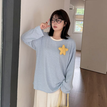 Plus Size Long-Sleeve Crew Neck Striped Star Accent Tee