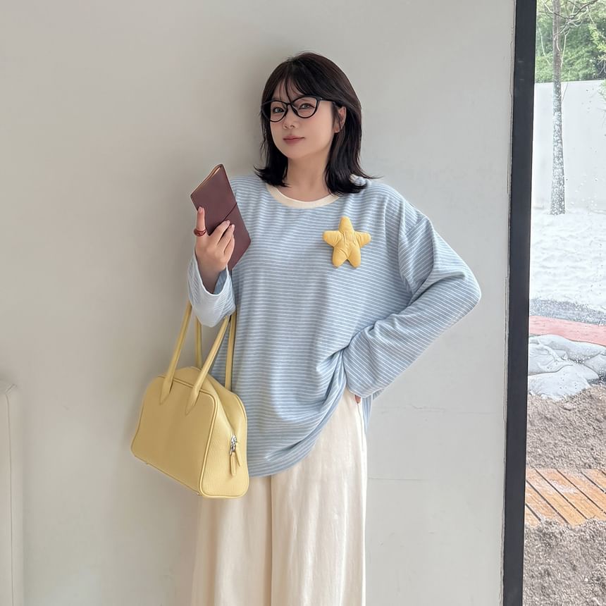 Plus Size Long-Sleeve Crew Neck Striped Star Accent Tee