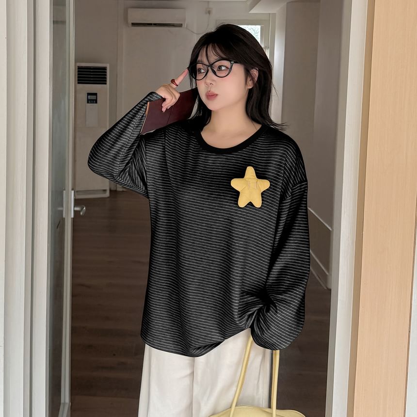 Plus Size Long-Sleeve Crew Neck Striped Star Accent Tee