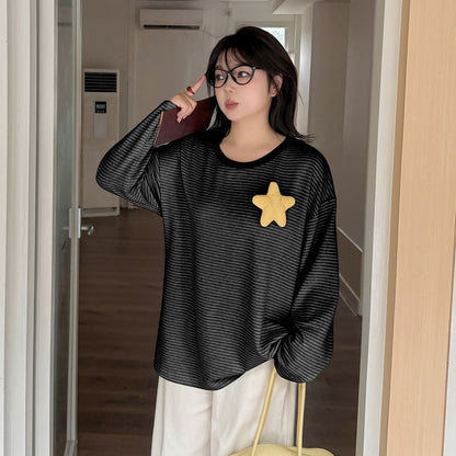 Plus Size Long-Sleeve Crew Neck Striped Star Accent Tee