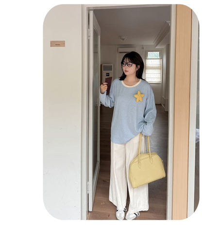 Plus Size Long-Sleeve Crew Neck Striped Star Accent Tee