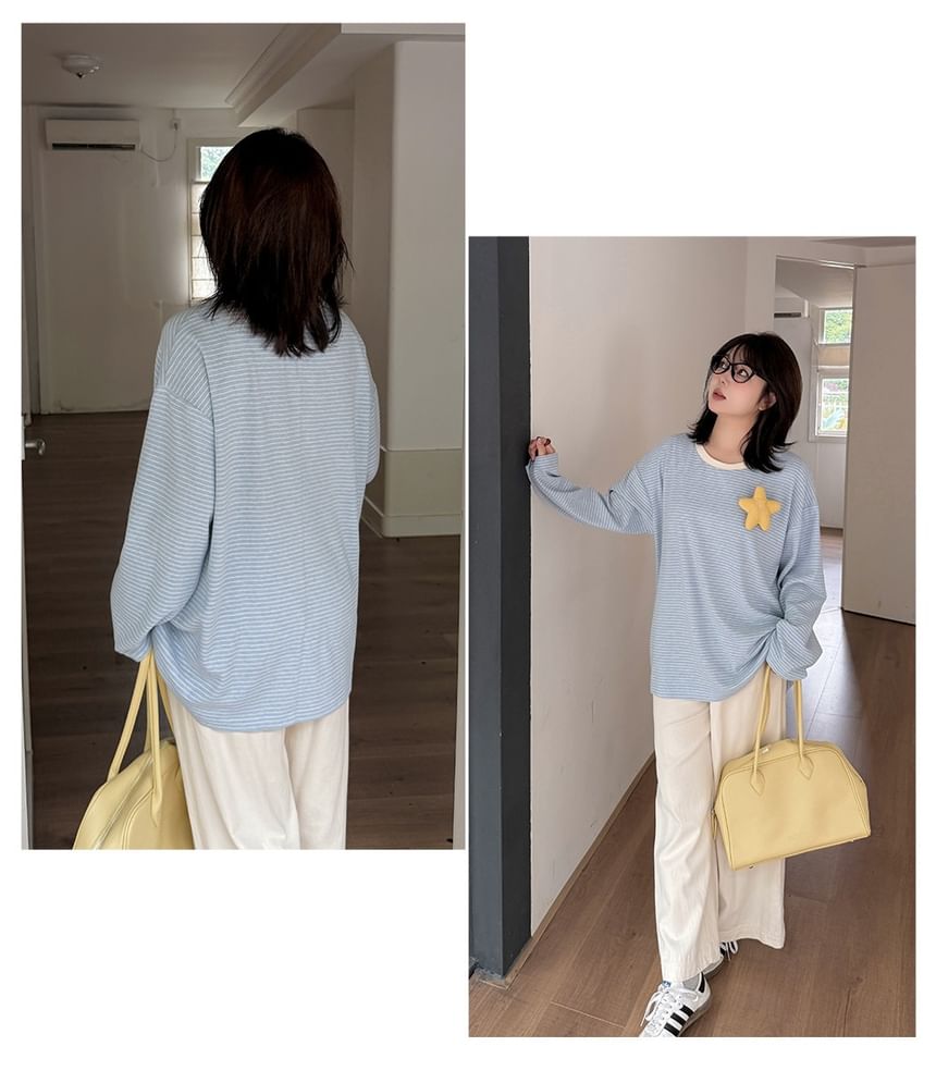 Plus Size Long-Sleeve Crew Neck Striped Star Accent Tee