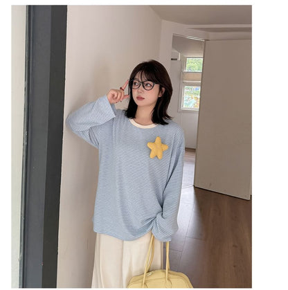Plus Size Long-Sleeve Crew Neck Striped Star Accent Tee