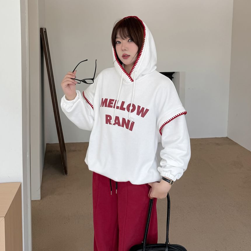 Plus Size Lettering Print Contrast Trim Drawstring Hoodie