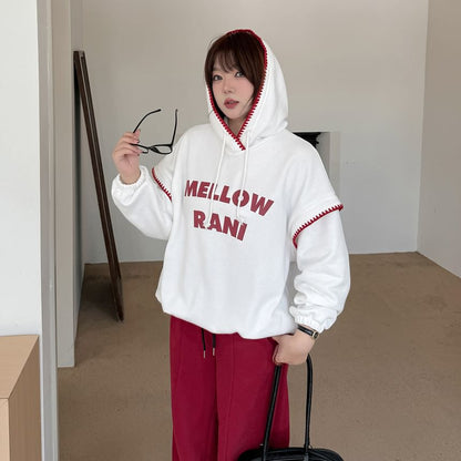 Plus Size Lettering Print Contrast Trim Drawstring Hoodie