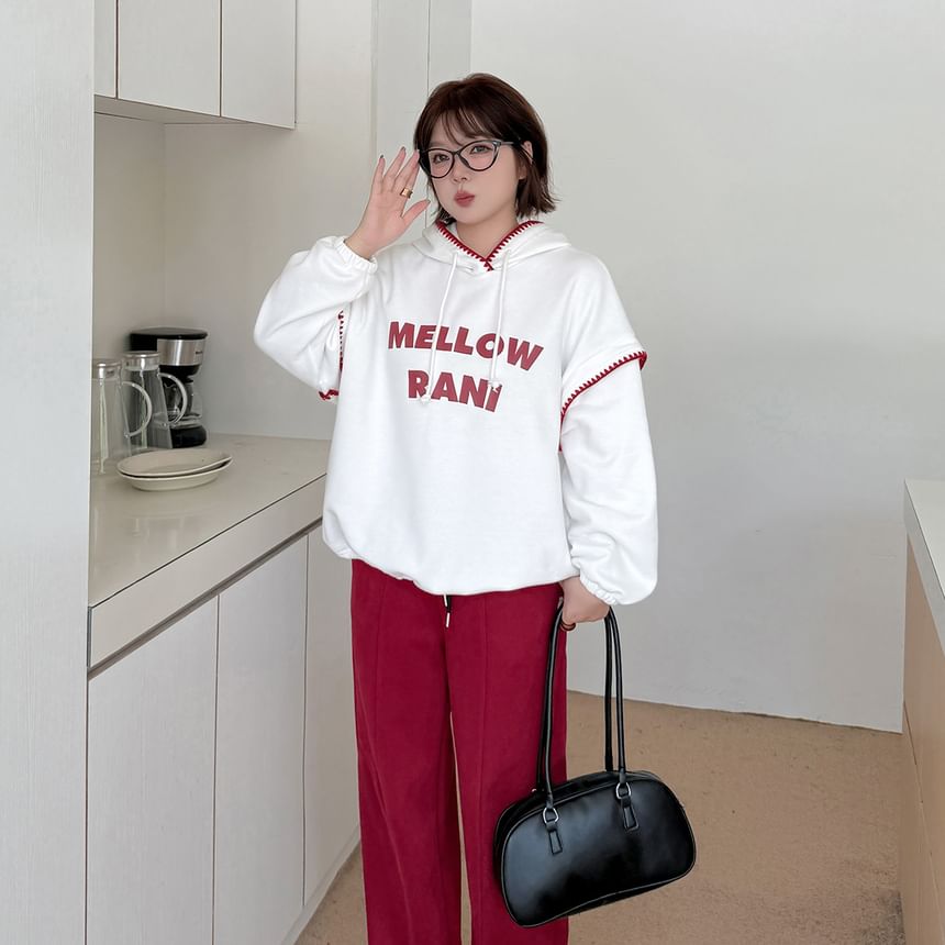 Plus Size Lettering Print Contrast Trim Drawstring Hoodie