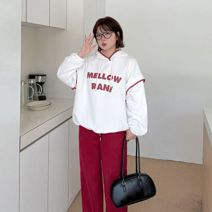 Plus Size Lettering Print Contrast Trim Drawstring Hoodie