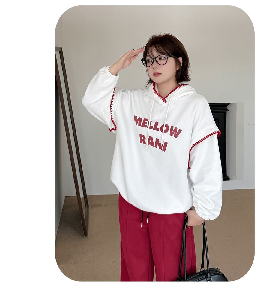 Plus Size Lettering Print Contrast Trim Drawstring Hoodie