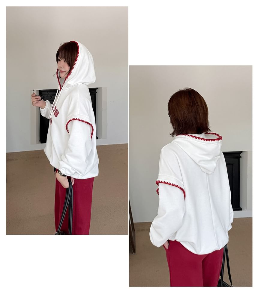 Plus Size Lettering Print Contrast Trim Drawstring Hoodie
