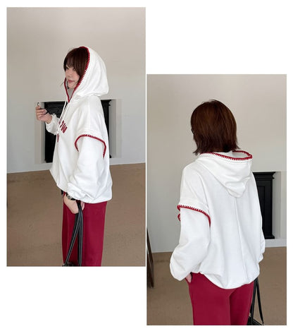 Plus Size Lettering Print Contrast Trim Drawstring Hoodie