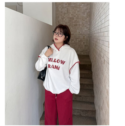 Plus Size Lettering Print Contrast Trim Drawstring Hoodie