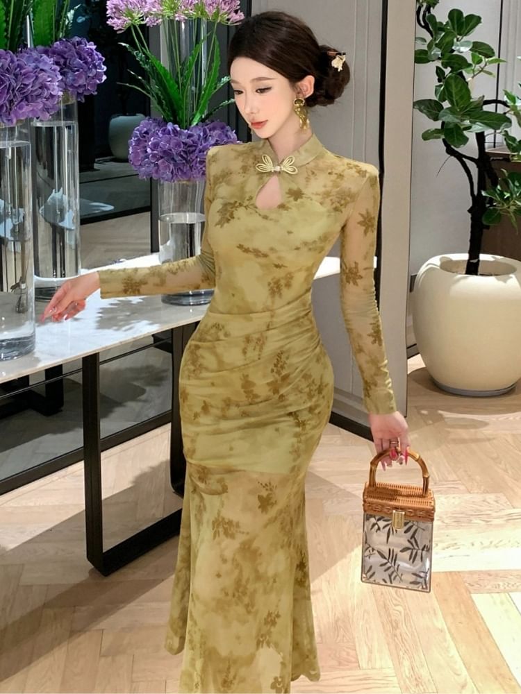 Long-Sleeve Floral Mesh Midi Qipao