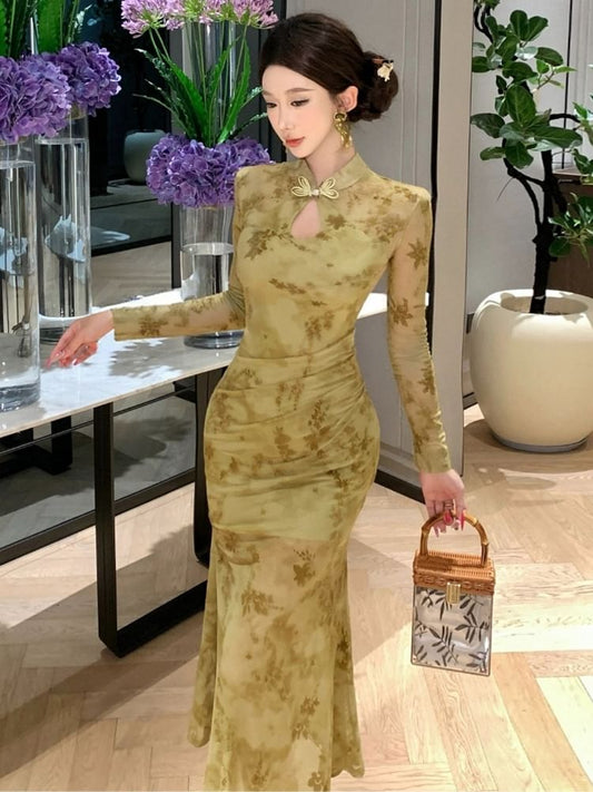 Long-Sleeve Floral Mesh Midi Qipao