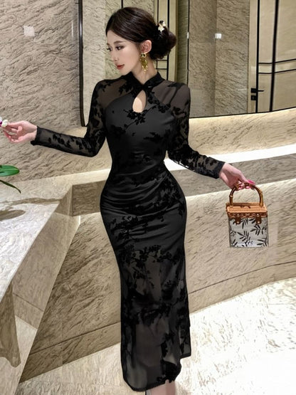 Long-Sleeve Floral Mesh Midi Qipao