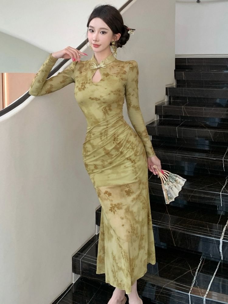 Long-Sleeve Floral Mesh Midi Qipao