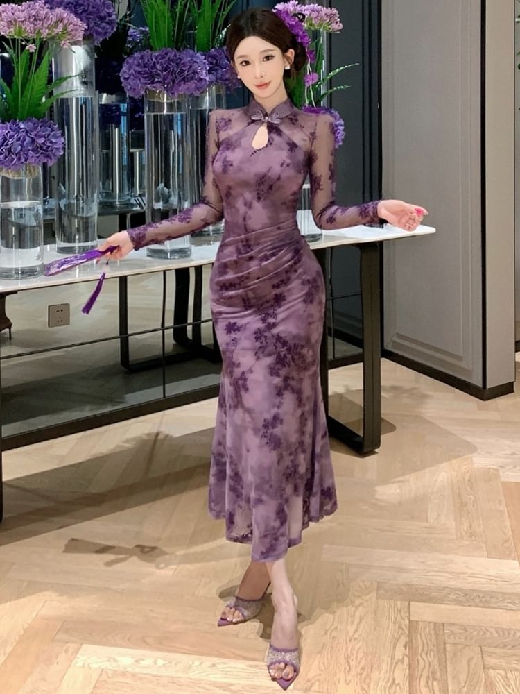 Long-Sleeve Floral Mesh Midi Qipao