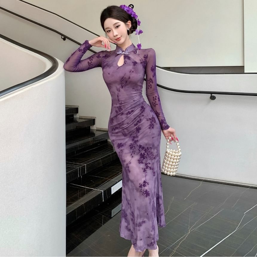 Long-Sleeve Floral Mesh Midi Qipao