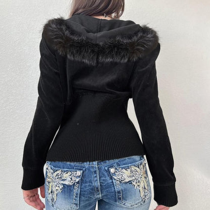 Long Sleeve V-Neck Plain Furry-Trim Zip-Up Hooded Jacket