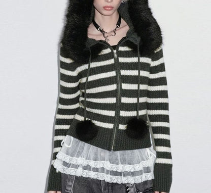 Long Sleeve Striped Furry-Trim Zip-Up Knitted Jacket