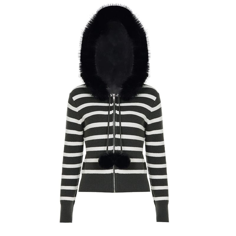 Long Sleeve Striped Furry-Trim Zip-Up Knitted Jacket