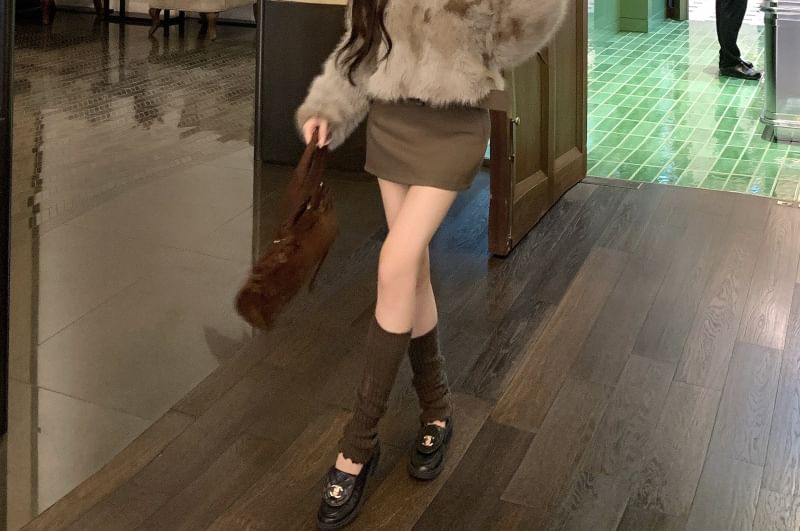 Collared Faux Fur Jacket / High Rise Plain Belted Mini Pencil Skirt