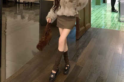 Collared Faux Fur Jacket / High Rise Plain Belted Mini Pencil Skirt