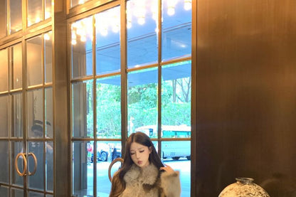 Collared Faux Fur Jacket / High Rise Plain Belted Mini Pencil Skirt